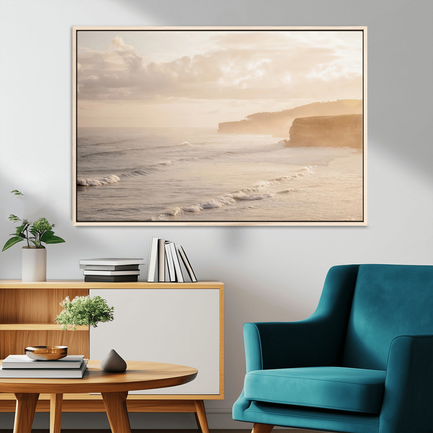 57669769-MGV-CV-36X24-Misty Coastal Wall Art Canvas Print, Framed Golden Sunset Art Picture Print, Serene Shoreline Perfect Tranquil Coastal Decor