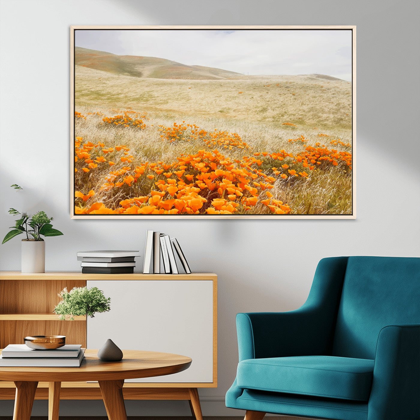 28972262-MGV-CV-36X24-Golden Wildflowers Wall Art Canvas Print, Framed Hills Bloom Art Picture Print, Poppy Meadow Perfect Rustic Nature Decor Artwork