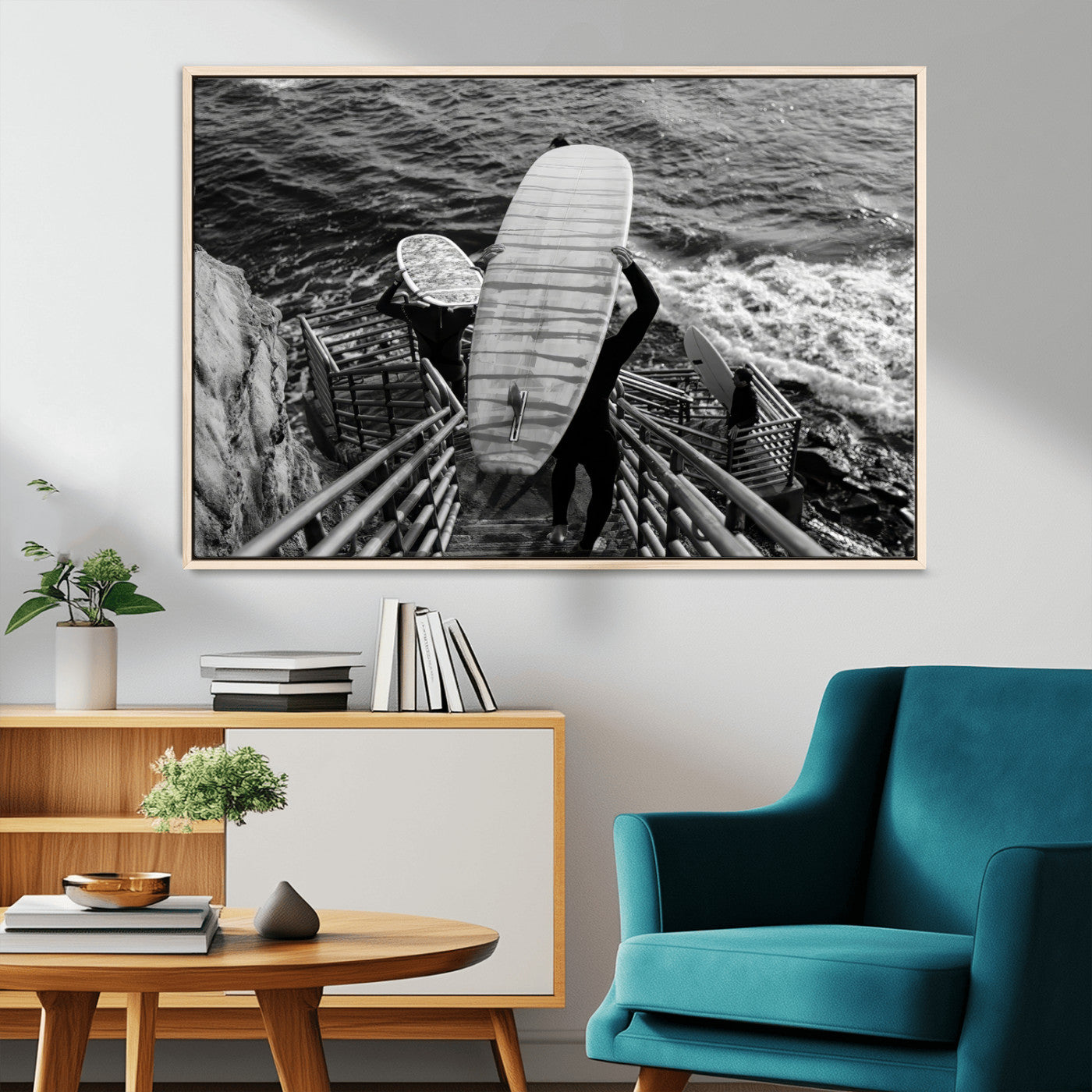 32353707-MGV-CV-36X24-Black White Surfing Wall Art Canvas Print, Framed Coastal Surfing Art Picture Print, Wave Riders Perfect Coastal Adventure Decor