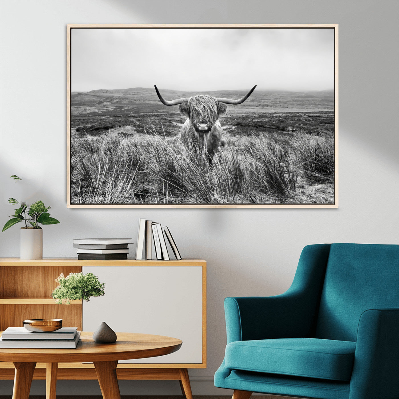 24051061-MGV-CV-36X24-Monochrome Highland Cow Wall Art Canvas Print, Framed Scottish Bull Art Picture Print, Lone Cattle Perfect Rustic Farmhouse Decor