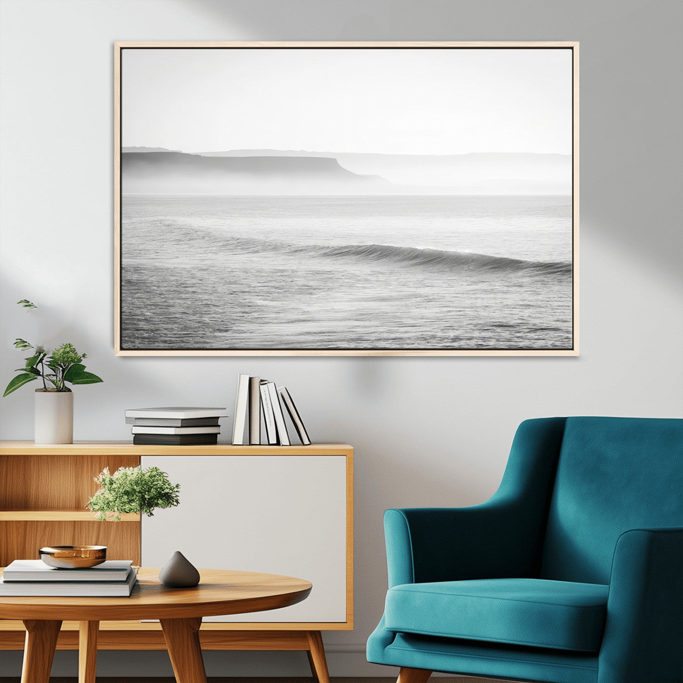 60635783-MGV-CV-36X24-Black White Seascape Wall Art Canvas Print, Framed Ocean Waves Art Picture Print, Misty Coastal Perfect Minimalist Coastal Decor