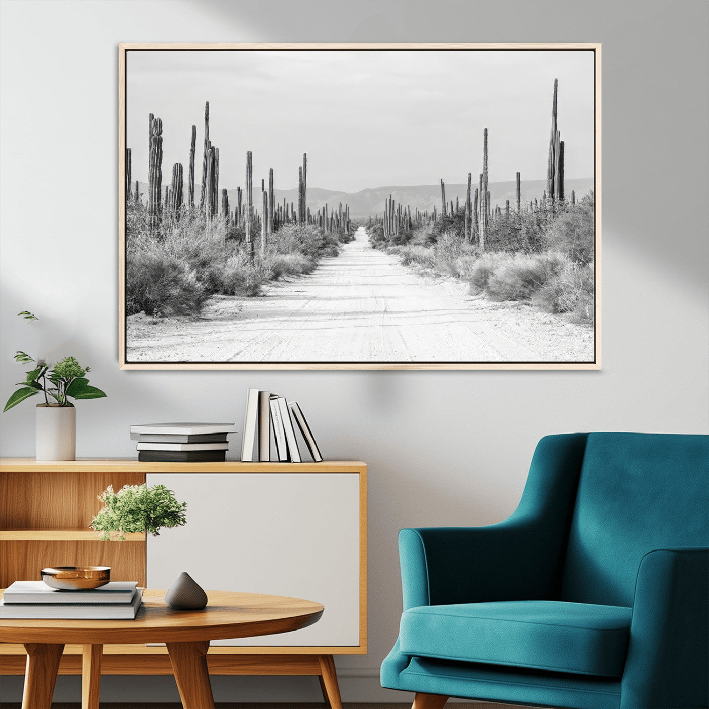 35537313-MGV-CV-36X24-Monochrome Desert Wall Art Canvas Print, Framed Cactus Path Art Picture Print, Southwestern Landscape Perfect Southwestern