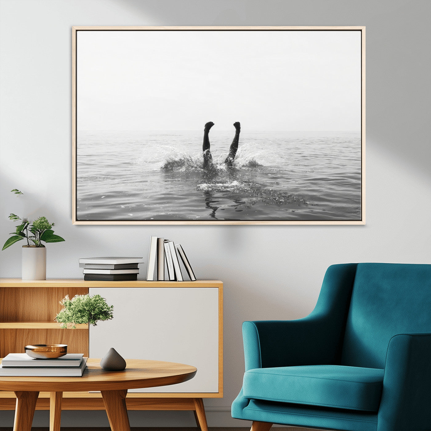 26667396-MGV-CV-36X24-Black White Ocean Wall Art Canvas Print, Framed Monochrome Water Art Picture Print, Diving into Water Perfect Minimalist Aquatic