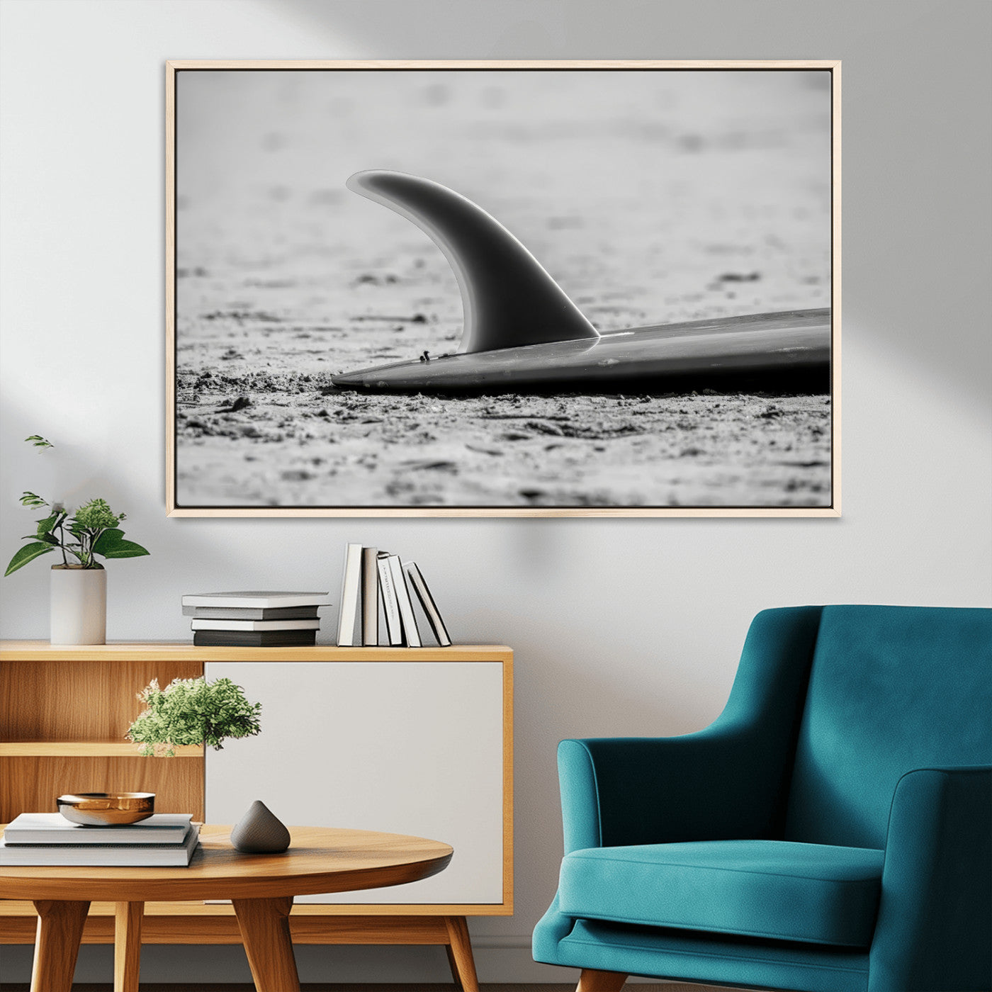 62314230-MGV-CV-36X24-Black White Surfboard Wall Art Canvas Print, Framed Minimalist Beach Art Picture Print, Surf Fin Perfect Minimalist Coastal Decor