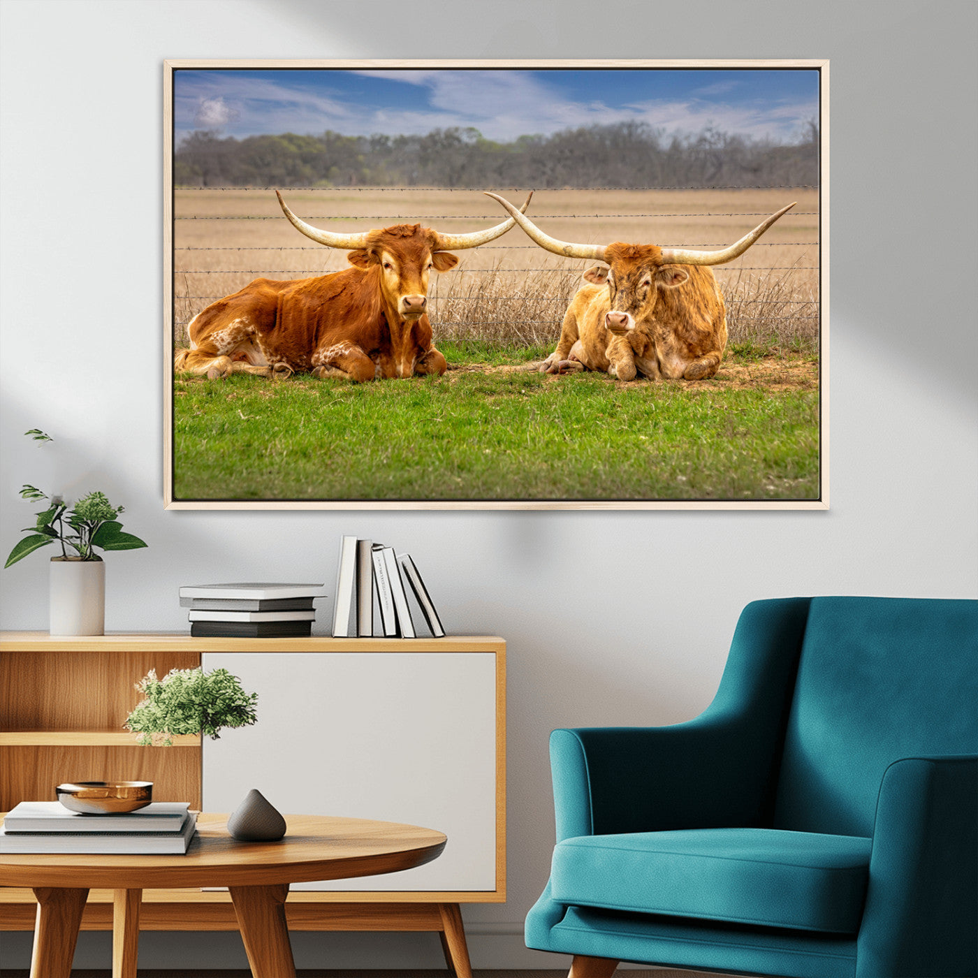 97244565-MGV-CV-36X24-Longhorn Duo Wall Art Canvas Print, Framed Cozy Ranch Vibes Art Picture Print, Western Ranch Decor Perfect Rustic Farmhouse Decor