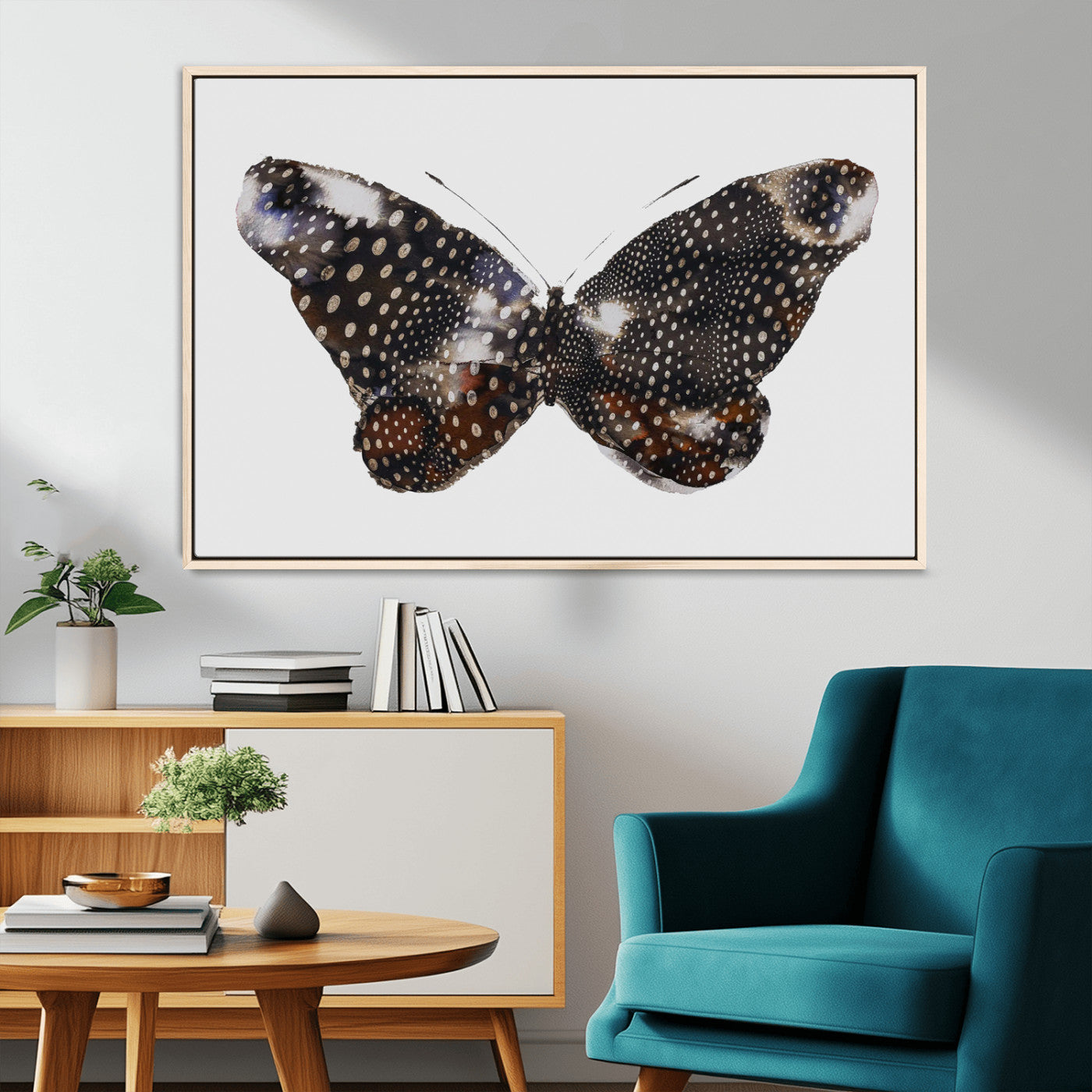99831147-MGV-CV-36X24-Spotted Butterfly Wall Art Canvas Print, Framed Neutral Insect Theme Art Picture Print, Earthy Wing Pattern Perfect Modern Rustic