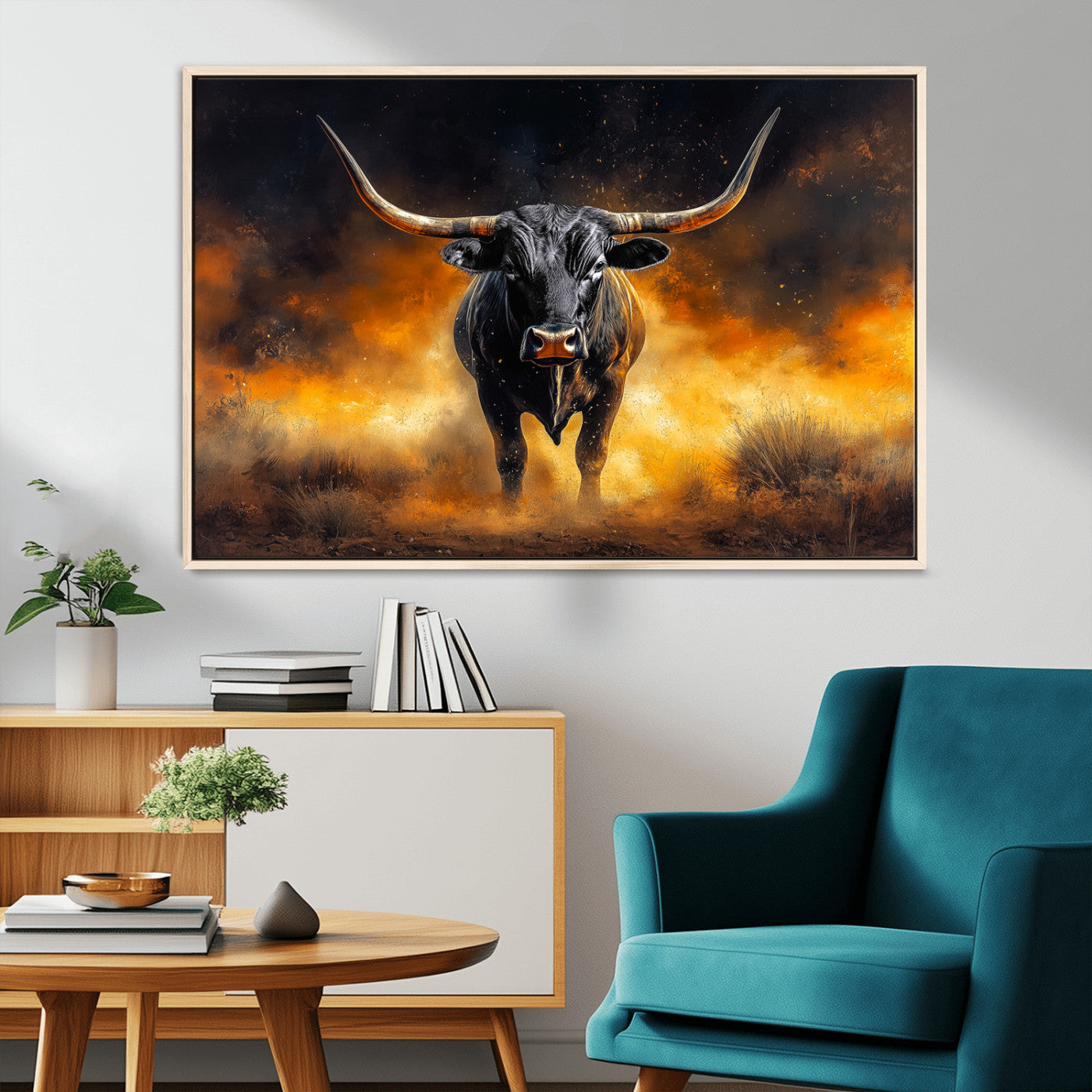 58293979-MGV-CV-36X24-Longhorn Canvas Wall Art Canvas Print, Framed Bold Bull Wall Art Art Picture Print, Western Animal Decor Perfect Western Dramatic
