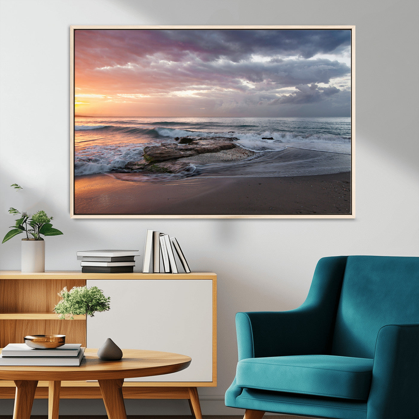 94208089-MGV-CV-36X24-Golden Hour Wall Art Canvas Print, Framed Tranquil Waves Art Picture Print, Beach Horizon Perfect Coastal Serenity Decor Artwork
