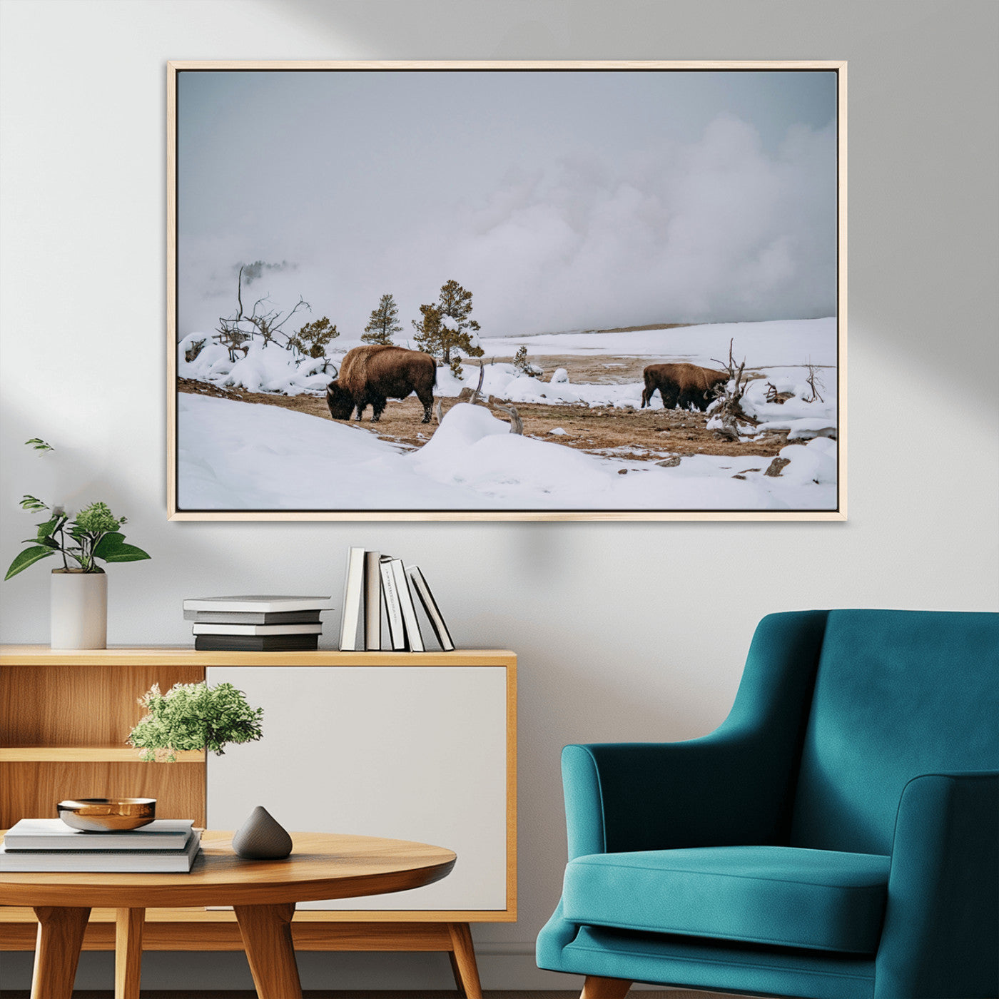 60308289-MGV-CV-36X24-Bison Wildlife Wall Art Canvas Print, Framed Snowy Prairie Art Picture Print, Western Landscape Perfect Rustic Winter Decor