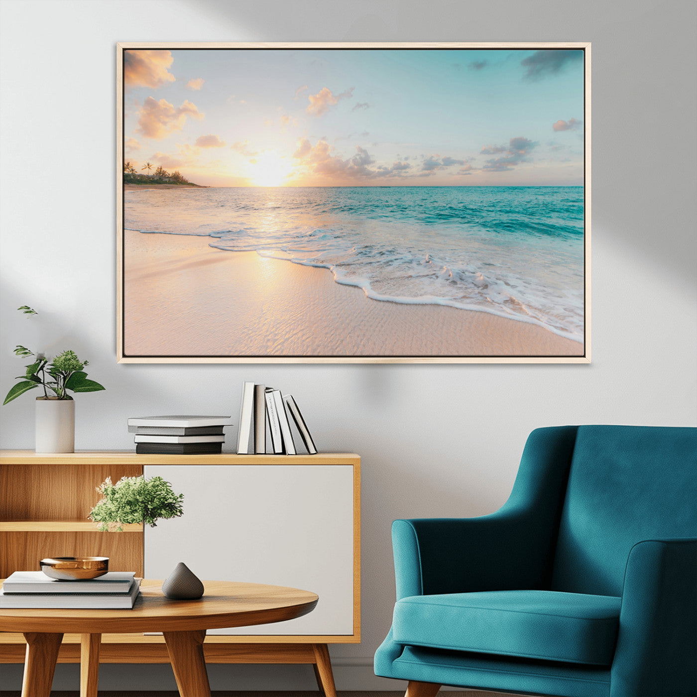 94538225-MGV-CV-36X24-Beach Sunset Wall Art Canvas Print, Framed Ocean Waves Art Picture Print, Summer Escape Perfect Coastal Serenity Decor Artwork