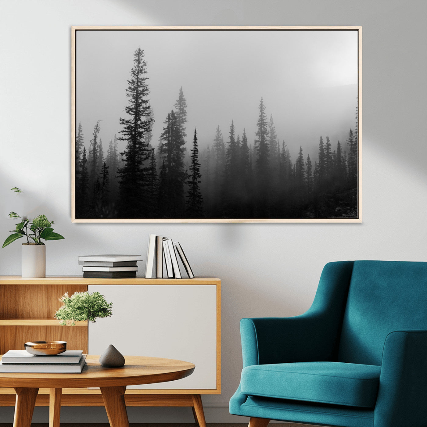 73138900-MGV-CV-36X24-Misty Pines Wall Art Canvas Print, Framed Woodland Photography Art Picture Print, Minimalist Decor Perfect Modern Rustic Decor