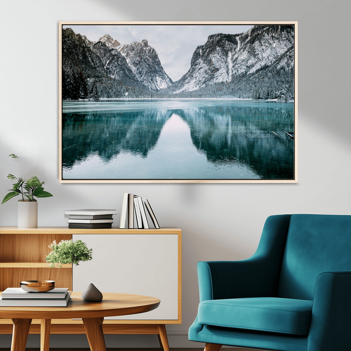 73098373-MGV-CV-36X24-Mountain Lake Wall Art Canvas Print, Framed Winter Wonderland Art Picture Print, Snowy Peaks Perfect Modern Nature Decor Artwork