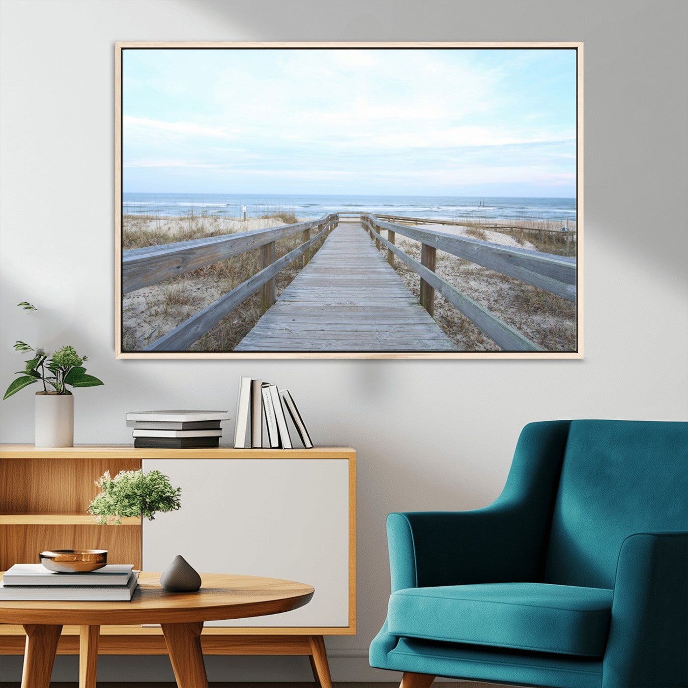 31602988-MGV-CV-36X24-Beach Boardwalk Wall Art Canvas Print, Framed Coastal Serenity Art Picture Print, Ocean View Perfect Coastal Minimalist Decor