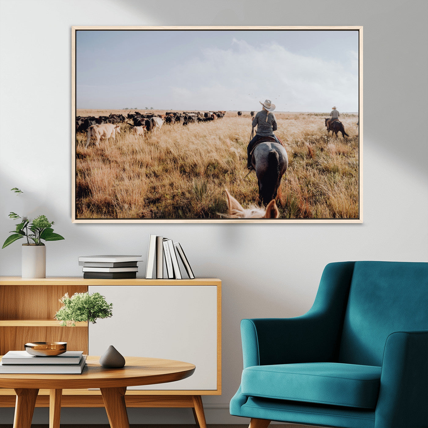 22431577-MGV-CV-36X24-Western Wall Art Wall Art Canvas Print, Framed Cowboy Canvas Art Picture Print, Cattle Drive Scene Perfect Rustic Western Decor