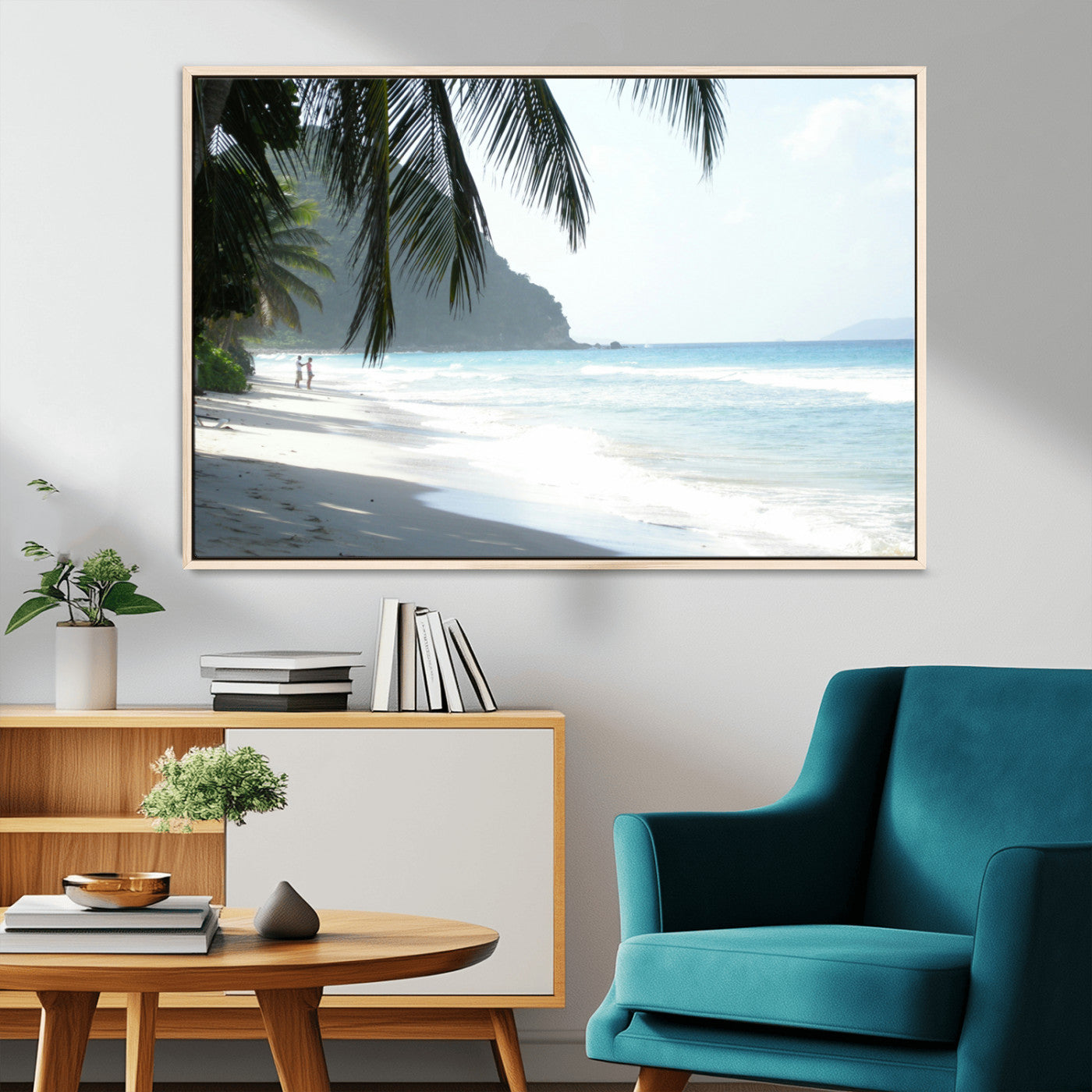 18311030-MGV-CV-36X24-Tropical Beach Wall Art Canvas Print, Framed Serene Ocean Art Picture Print, Palm Tree Shadows Perfect Tropical Coastal Decor
