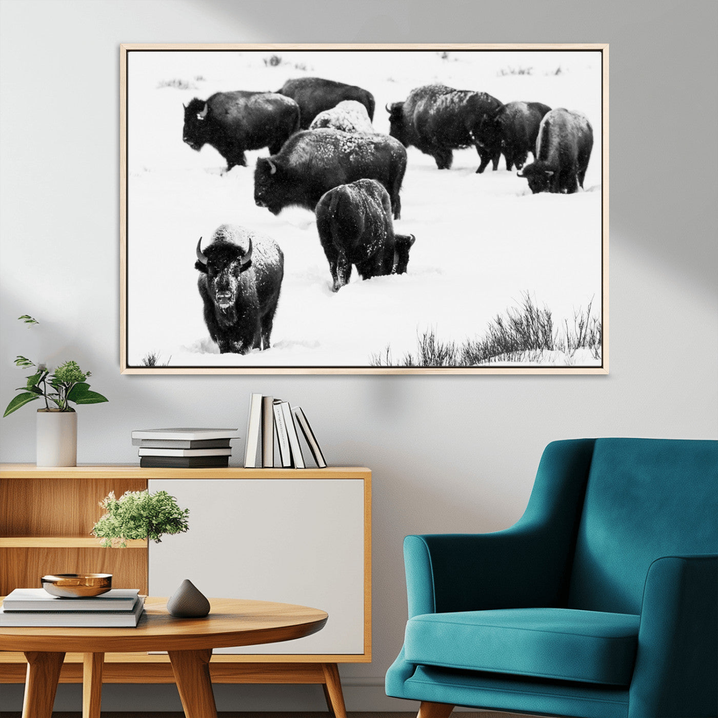 18914414-MGV-CV-36X24-Buffalo Herd Wall Art Canvas Print, Framed Black and White Art Picture Print, Snowy Landscape Perfect Rustic Lodge Decor Decor