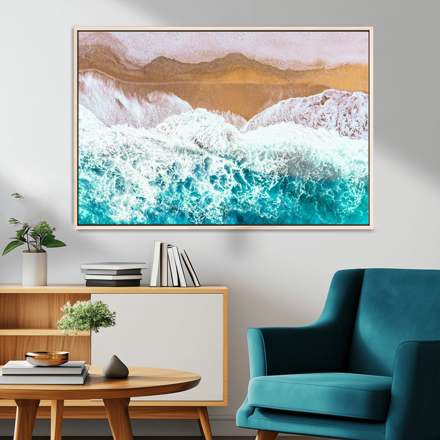 26870666-MGV-CV-36X24-Aerial Beach Wall Art Canvas Print, Framed Ocean Waves Art Picture Print, Coastal Landscape Perfect Coastal Minimalist Decor