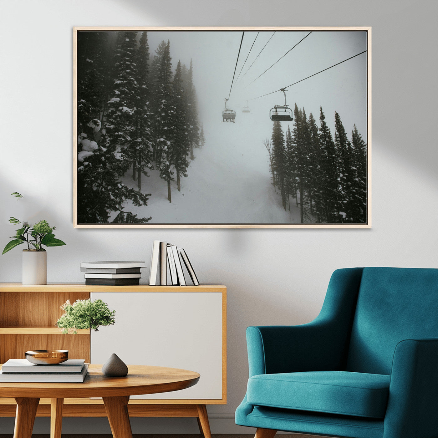87018452-MGV-CV-36X24-Ski Lift Wall Art Canvas Print, Framed Snowy Pines Art Picture Print, Misty Landscape Perfect Winter Serenity Decor Artwork