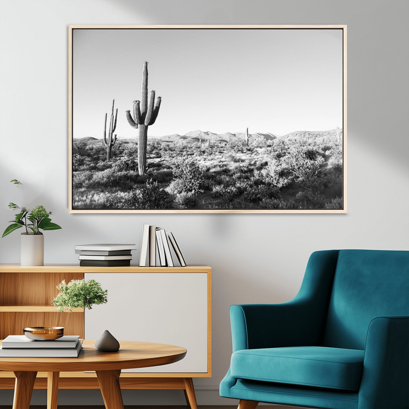 85205054-MGV-CV-36X24-Saguaro Cactus Wall Art Canvas Print, Framed Monochrome Landscape Art Picture Print, Scenic Arizona View Perfect Minimalist