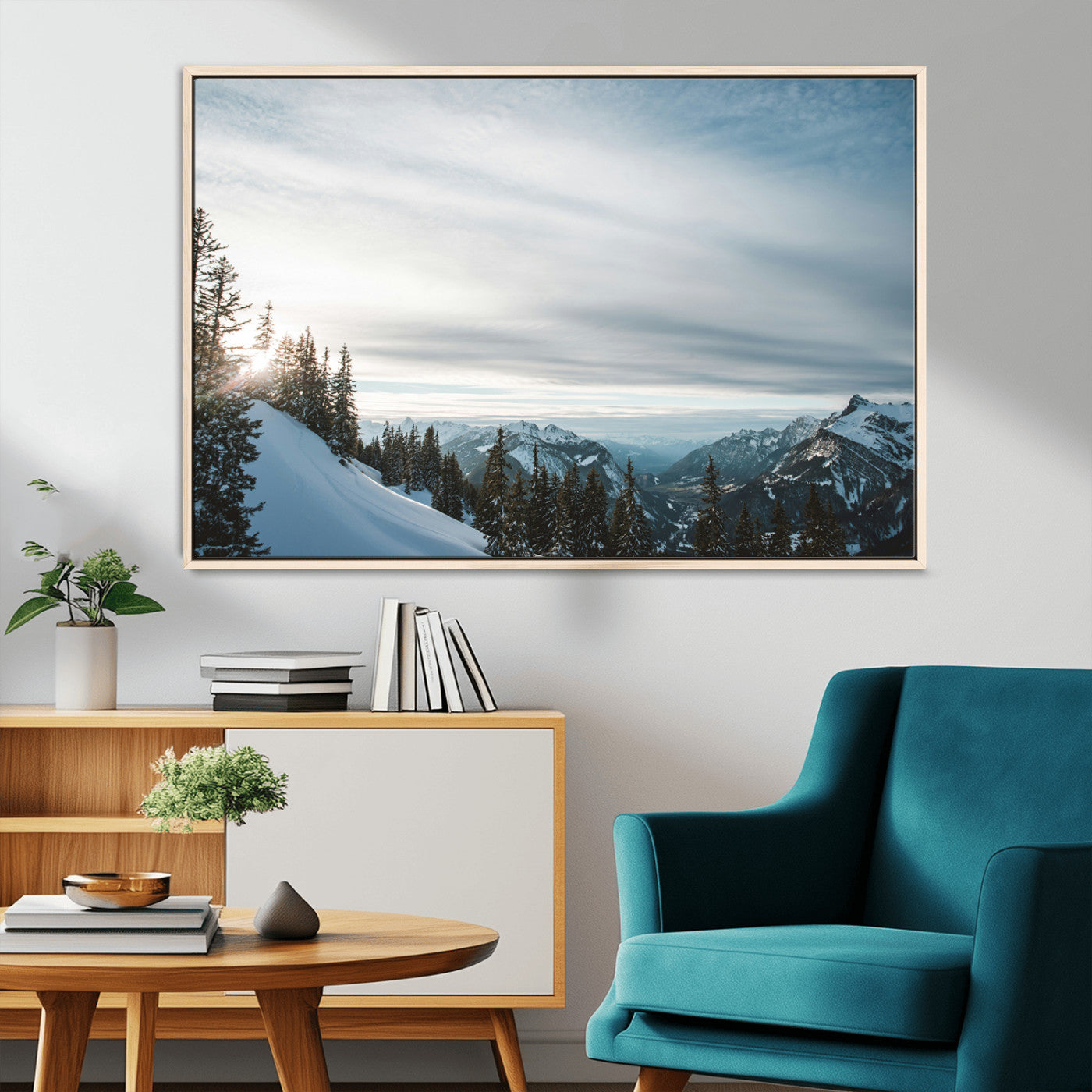 55564749-MGV-CV-36X24-Snowy Mountains Wall Art Canvas Print, Framed Alpine Landscape Art Picture Print, Frosty Peaks Perfect Nordic Minimalist Decor