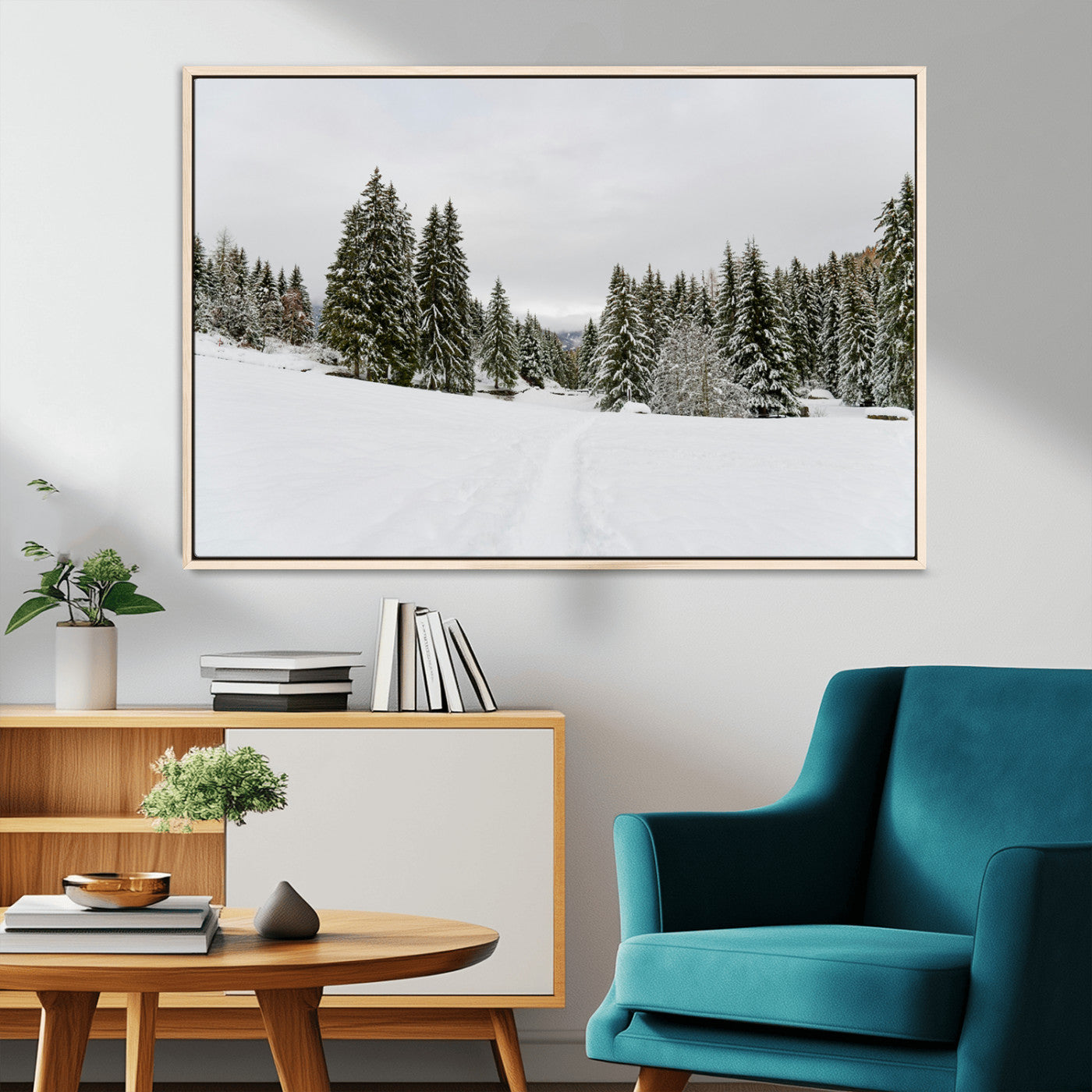 24581417-MGV-CV-36X24-Frosty Pines Wall Art Canvas Print, Framed Silent Snowfall Art Picture Print, Cozy Cabin Vibes Perfect Nordic Minimalist Decor