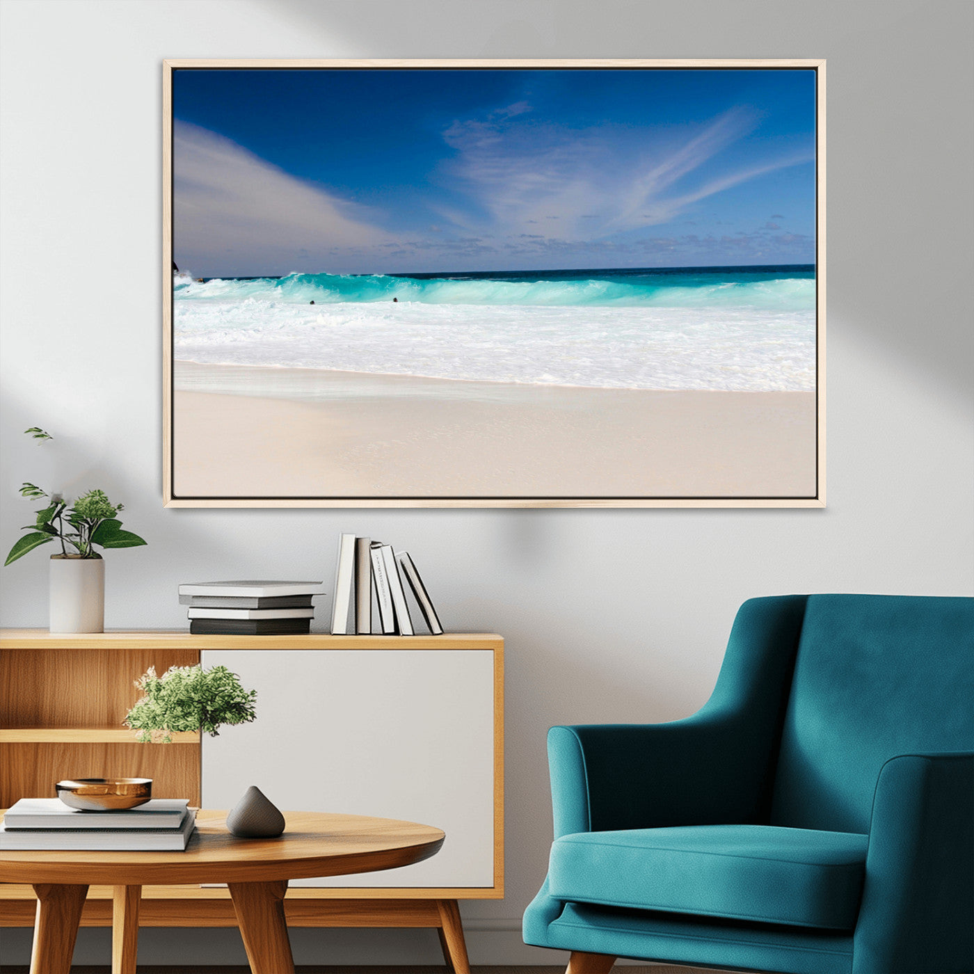 55017356-MGV-CV-36X24-Ocean Beach Wall Art – Turquoise Wave and White Sand Shoreline Canvas Print, Coastal Seascape Photography Decor for Living Room,