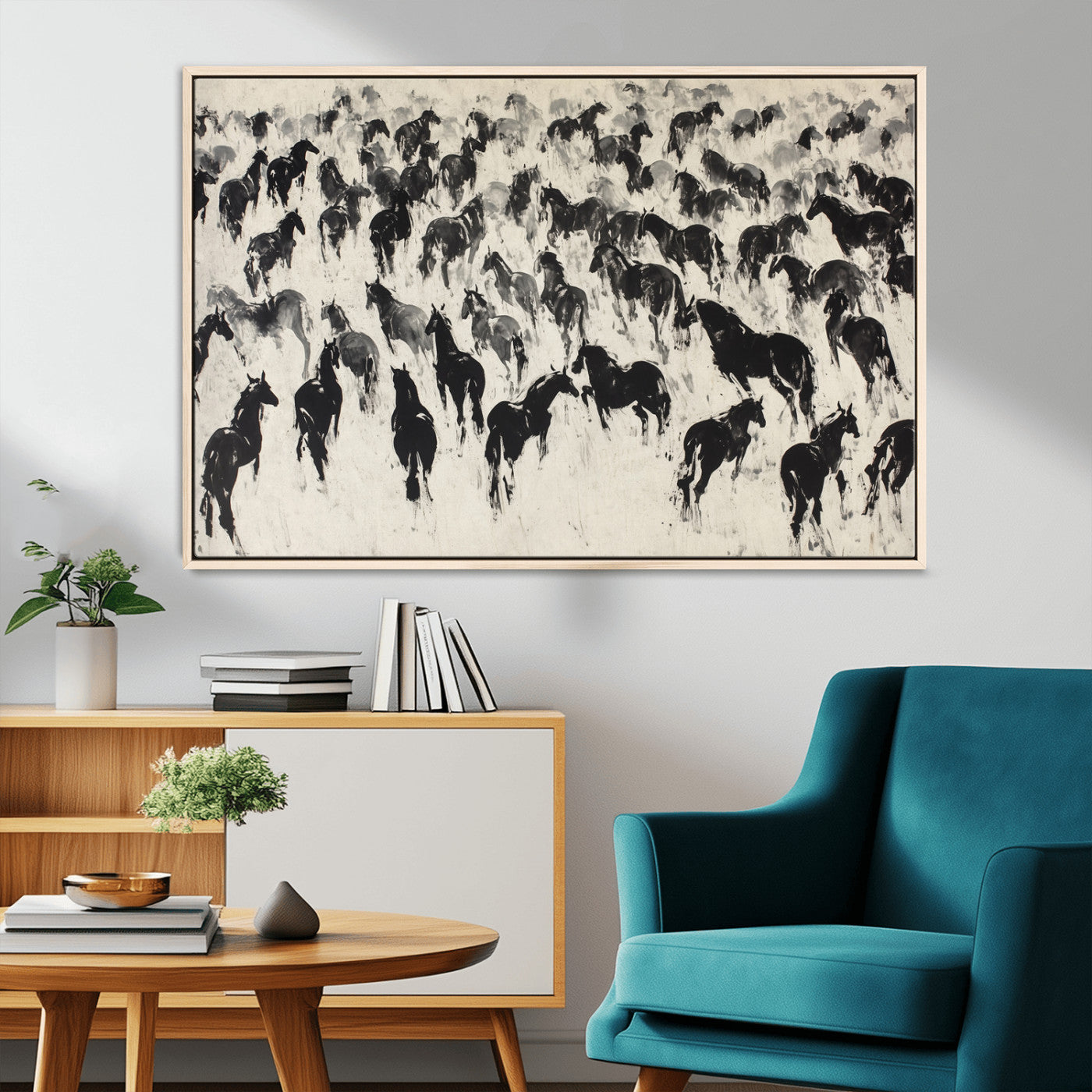 29265745-MGV-CV-36X24-Wild Horse Herd Wall Art – Black and White Galloping Horses Canvas Print, Rustic Western Farmhouse Décor for Living Room, Bedroom,