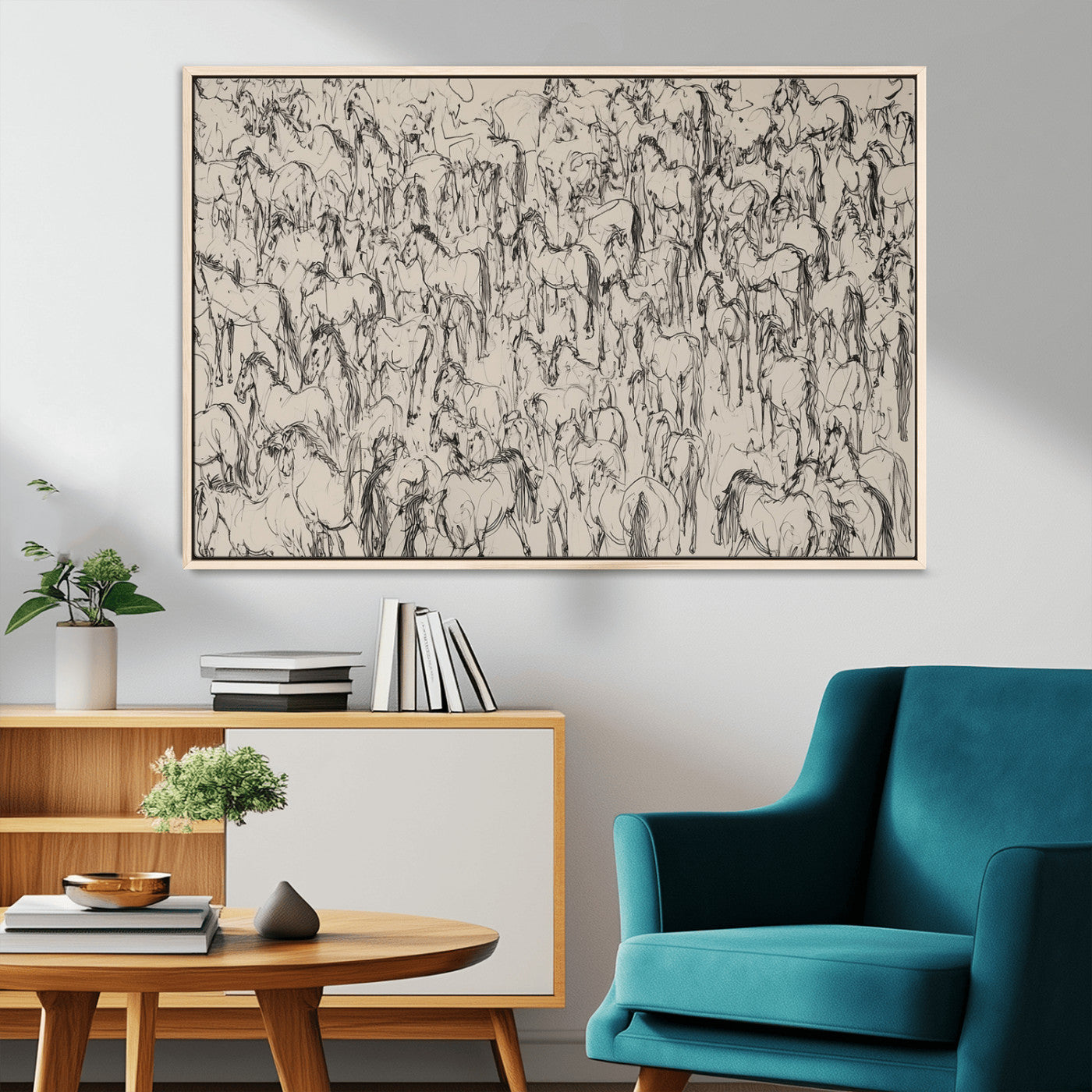 12358908-MGV-CV-36X24-Horse Herd Sketch Wall Art – Abstract Wild Horses Line Drawing Canvas Print, Rustic Western Style Equestrian Decor for Living