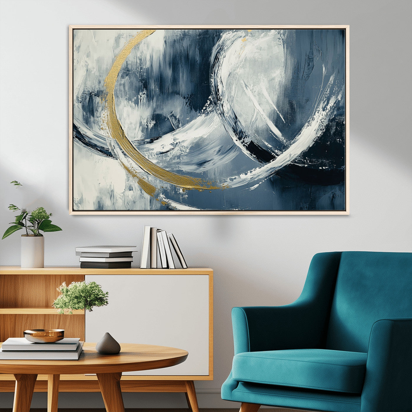 97295757-MGV-CV-36X24-Abstract Blue and Gold Wall Art – Modern Luxury Canvas Print, Navy White Brushstroke Painting, Contemporary Living Room Office