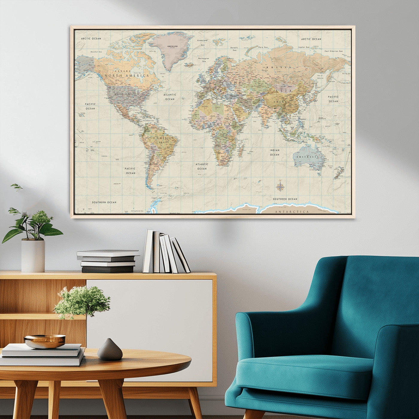41929777-MGV-CV-36X24-World Map Wall Art – Large Detailed Political Atlas Style Map Print with Countries, Cities, and Oceans, Warm Earth Tone