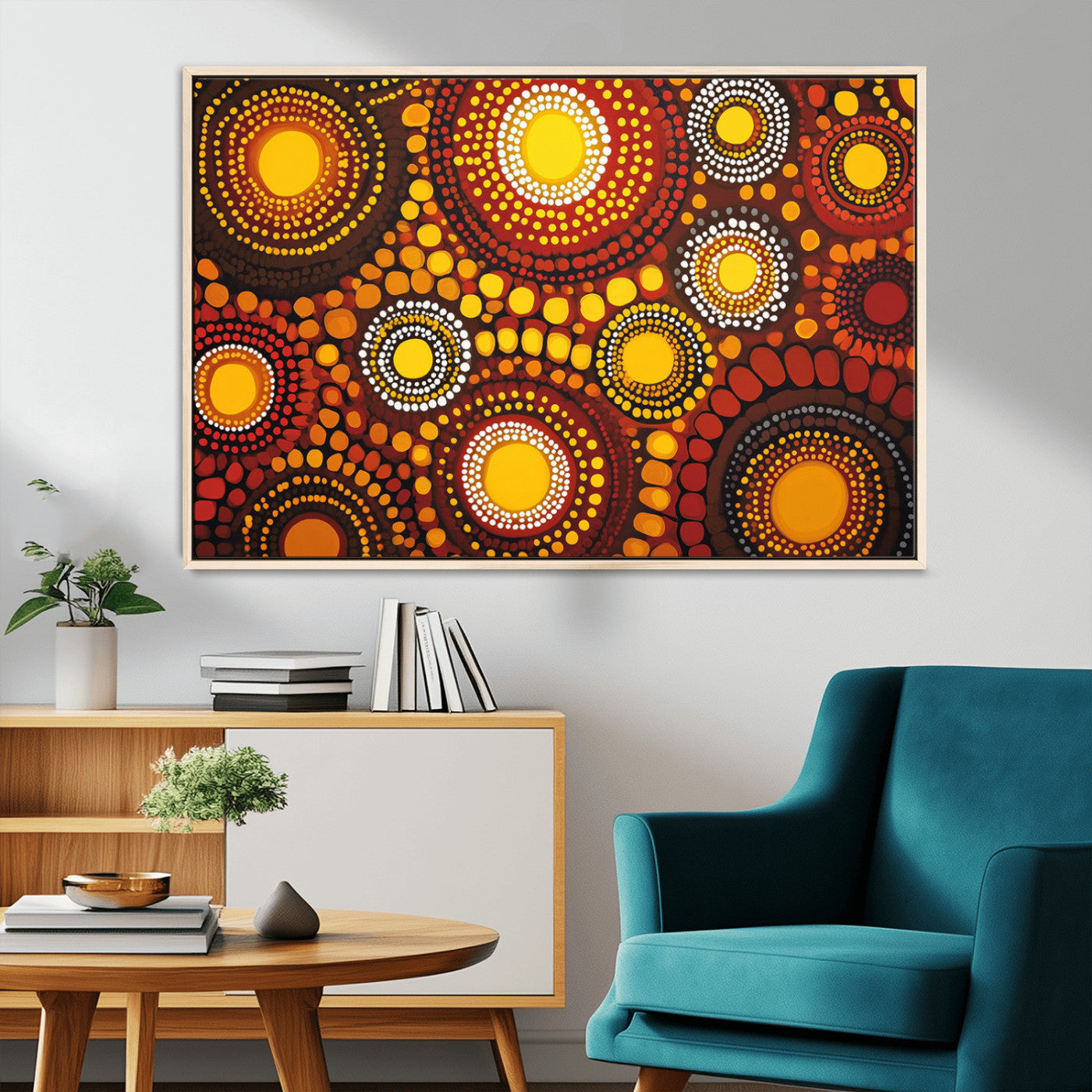 81120549-MGV-CV-36X24-Abstract Dot Painting Wall Art – Vibrant Tribal Boho Style Canvas Print with Sunburst Mandala Circles in Warm Red, Yellow, Orange