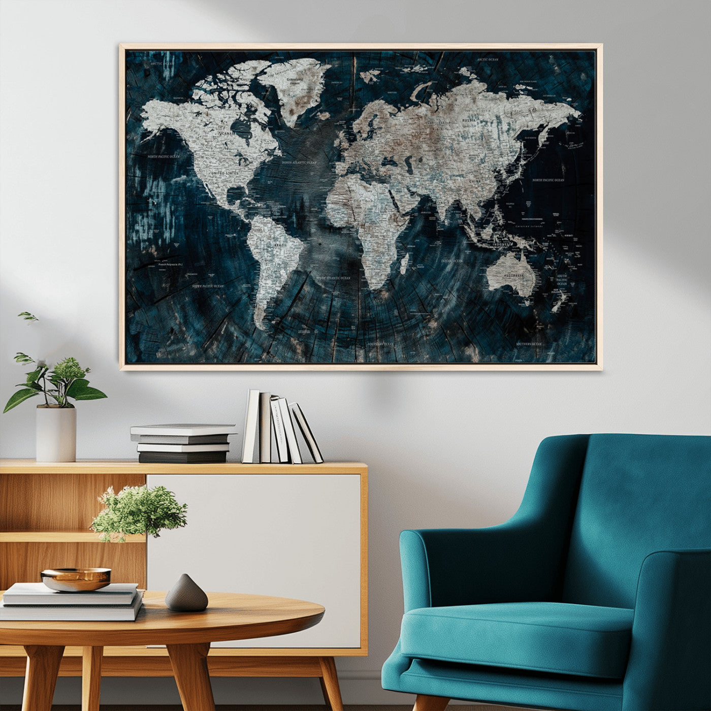 34425609-MGV-CV-36X24-World Map Wall Art – Rustic Navy and Grey Atlas Canvas Print, Distressed Explorer Map Artwork, Industrial Style Decor for Office,