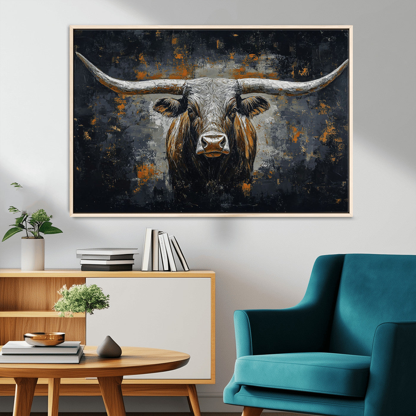 93195031-MGV-CV-36X24-Dark Longhorn Bull Wall Art – Western Steer Canvas Print, Moody Rustic Animal Painting for Man Cave, Ranch House, Office or Modern