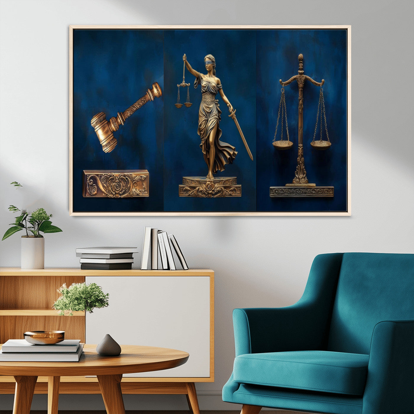 91629053-MGV-CV-36X24-Lady Justice Wall Art – Golden Gavel and Scales Canvas Print, Elegant Legal Office Decor for Lawyers, Judges, Courtroom or Study