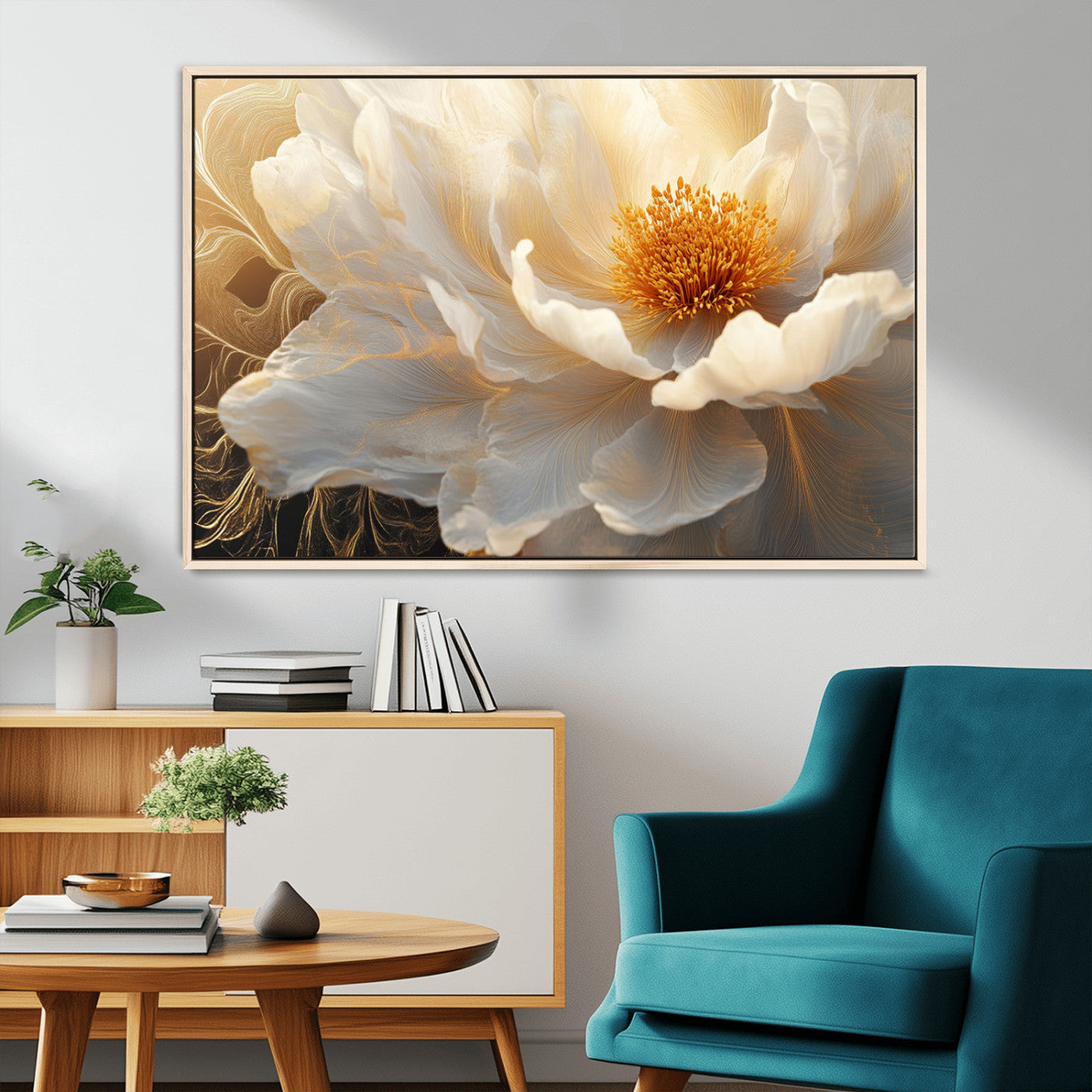 29539087-MGV-CV-36X24-Floral Wall Art – Elegant White and Gold Bloom Canvas Print, Romantic Modern Flower Artwork for Bedroom, Living Room, or Office