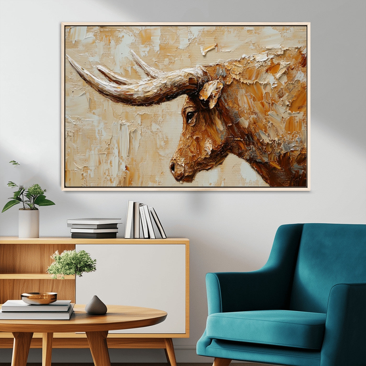 69611428-MGV-CV-36X24-Longhorn Bull Wall Art – Rustic Western Canvas Print, Textured Farmhouse Cattle Painting for Living Room, Office, or Ranch House