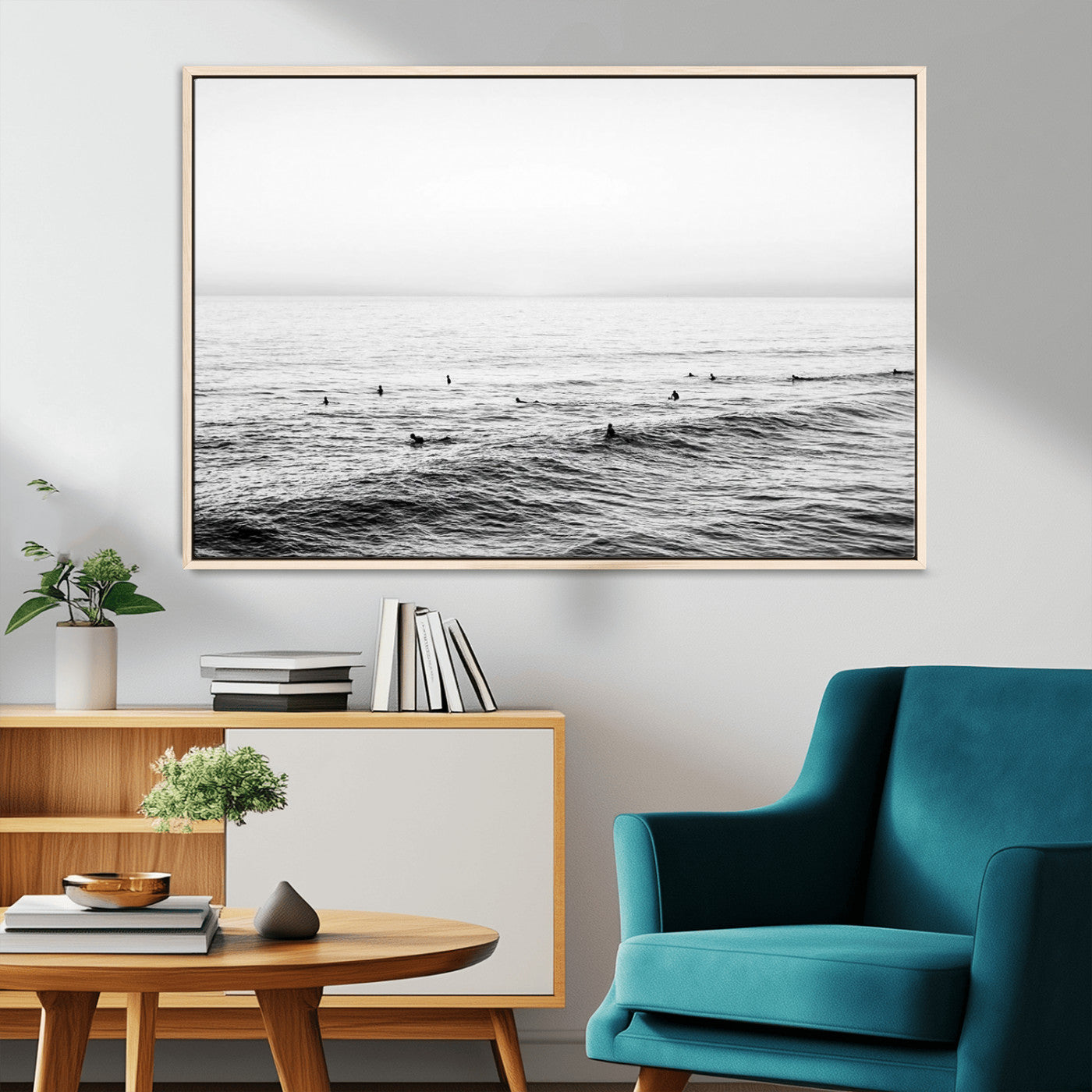 47208268-MGV-CV-36X24-Surfer Ocean Wall Art – Black and White Coastal Canvas Print, Minimalist Surfing Seascape Decor for Living Room, Bedroom, or Beach