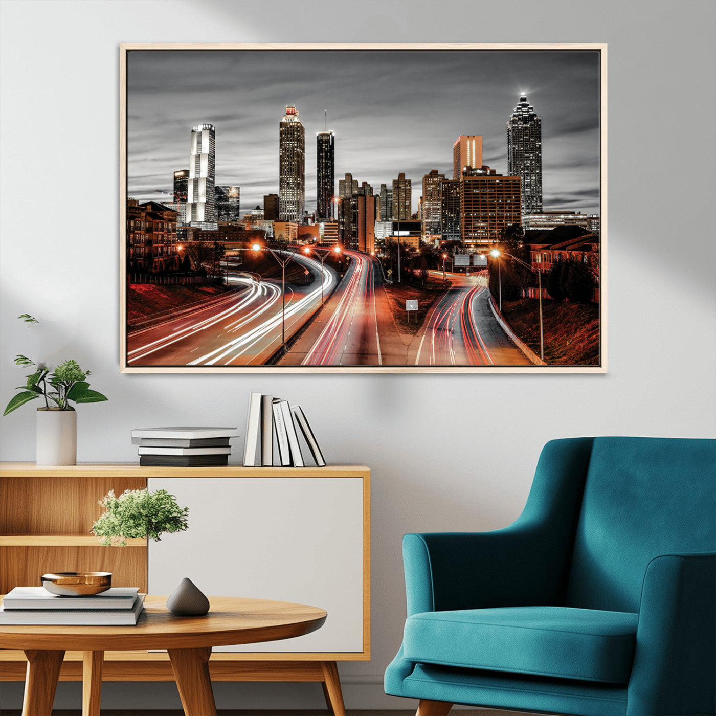 59097239-MGV-CV-36X24-City Skyline Wall Art – Modern Black and White Night Canvas Print with Red Light Trails, Urban Landscape Decor for Living Room or