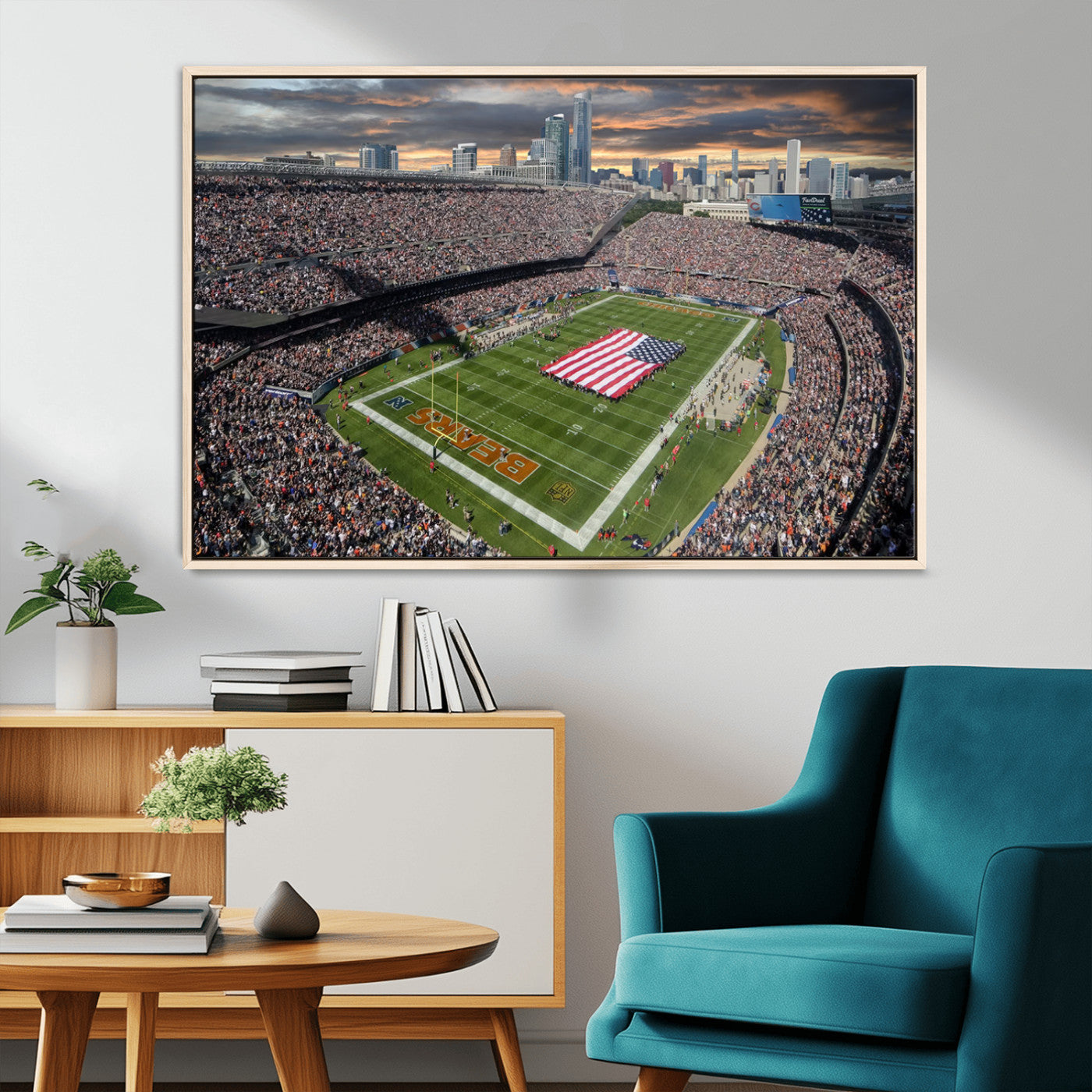 98106777-MGV-CV-36X24-Soldier Field Wall Art – Chicago Bears Stadium Canvas Print with American Flag, Game Day Football Decor for Man Cave, Bar, or