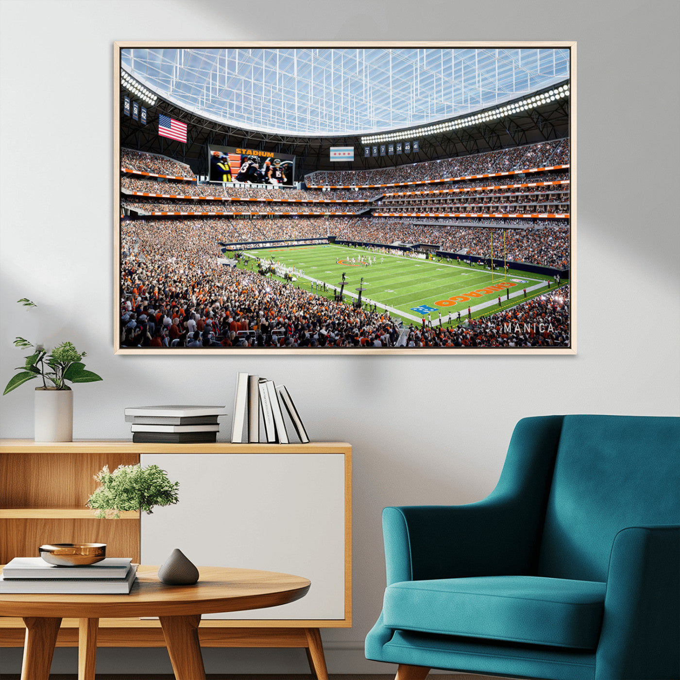 32530647-MGV-CV-36X24-Chicago Bears Stadium Wall Art – Futuristic Dome Arena Canvas Print, Modern Football Concept Design Decor for Man Cave, Bar, or