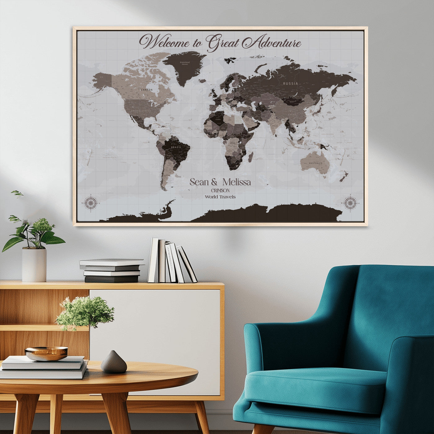43749658-MGV-CV-36X24-Welcome to Great Adventure World Map Wall Art – Charcoal Gray Canvas Print, Rustic Travel Decor for Living Room, Study, Office or