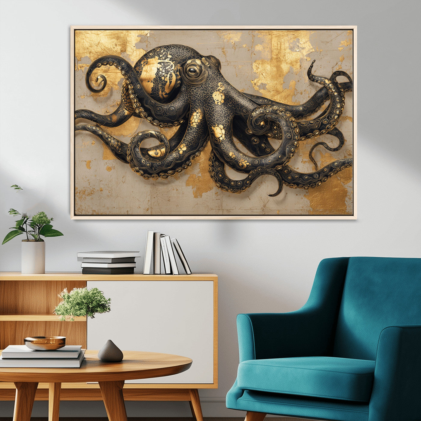 57944271-MGV-CV-36X24-Octopus Wall Art – Black and Gold Nautical Canvas Print, Modern Ocean Inspired Artwork with Elegant Detailing, Coastal Marine