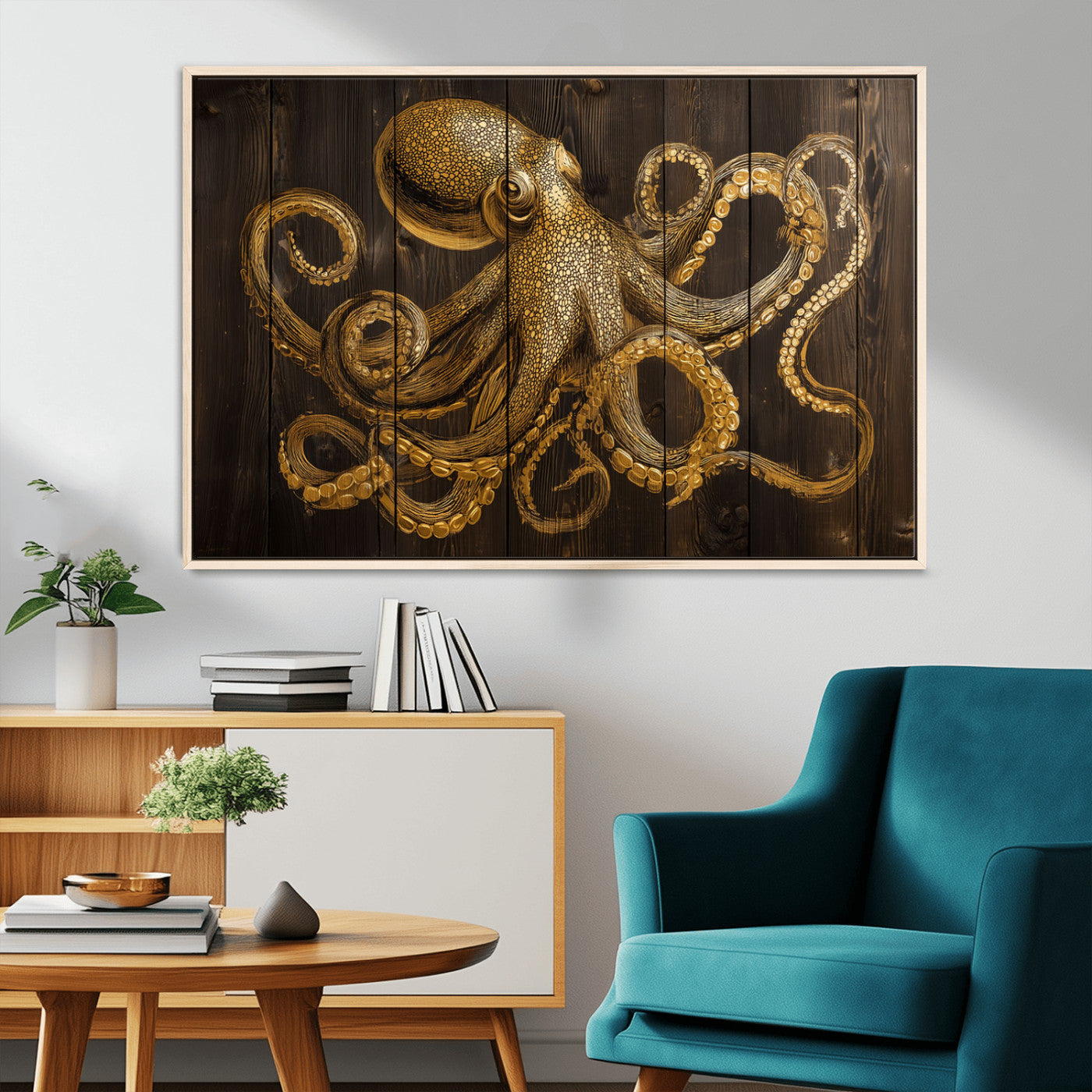 56769669-MGV-CV-36X24-Octopus Wall Art – Gold Nautical Canvas Print with Rustic Wood Panel Design, Detailed Marine Artwork for Coastal Ocean Decoration