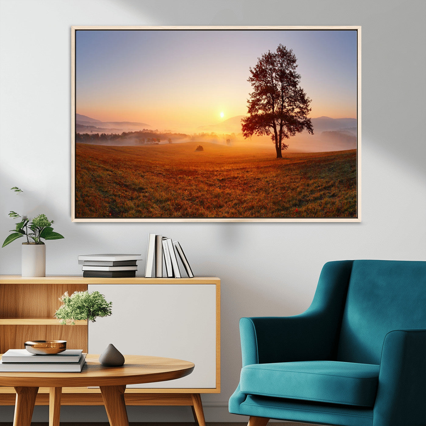 57919623-MGV-CV-36X24-Sunrise Landscape Wall Art – Golden Morning Canvas Print with Tree, Misty Hills and Open Field, Peaceful Nature Photography for