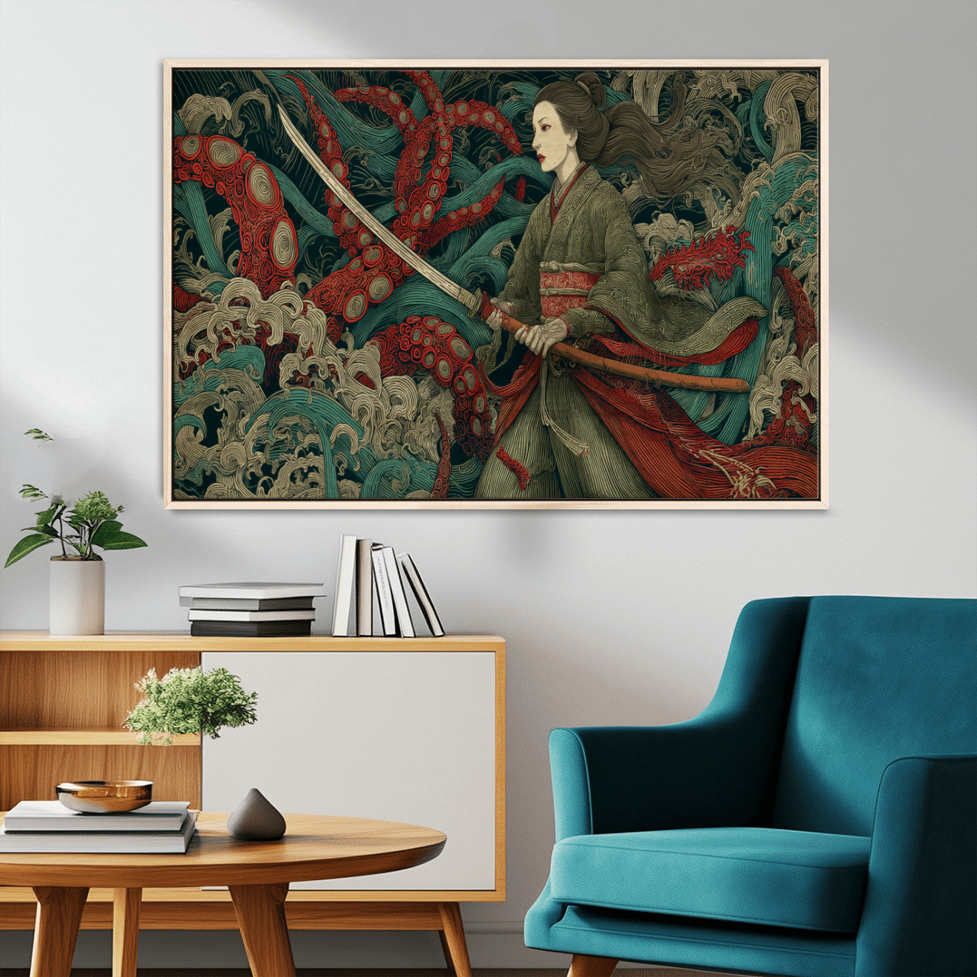 18902796-MGV-CV-36X24-Samurai Woman vs Octopus Wall Art – Japanese Ukiyo-e Green Kimono Canvas Print, Ocean Battle Scene Artwork for Living Room,