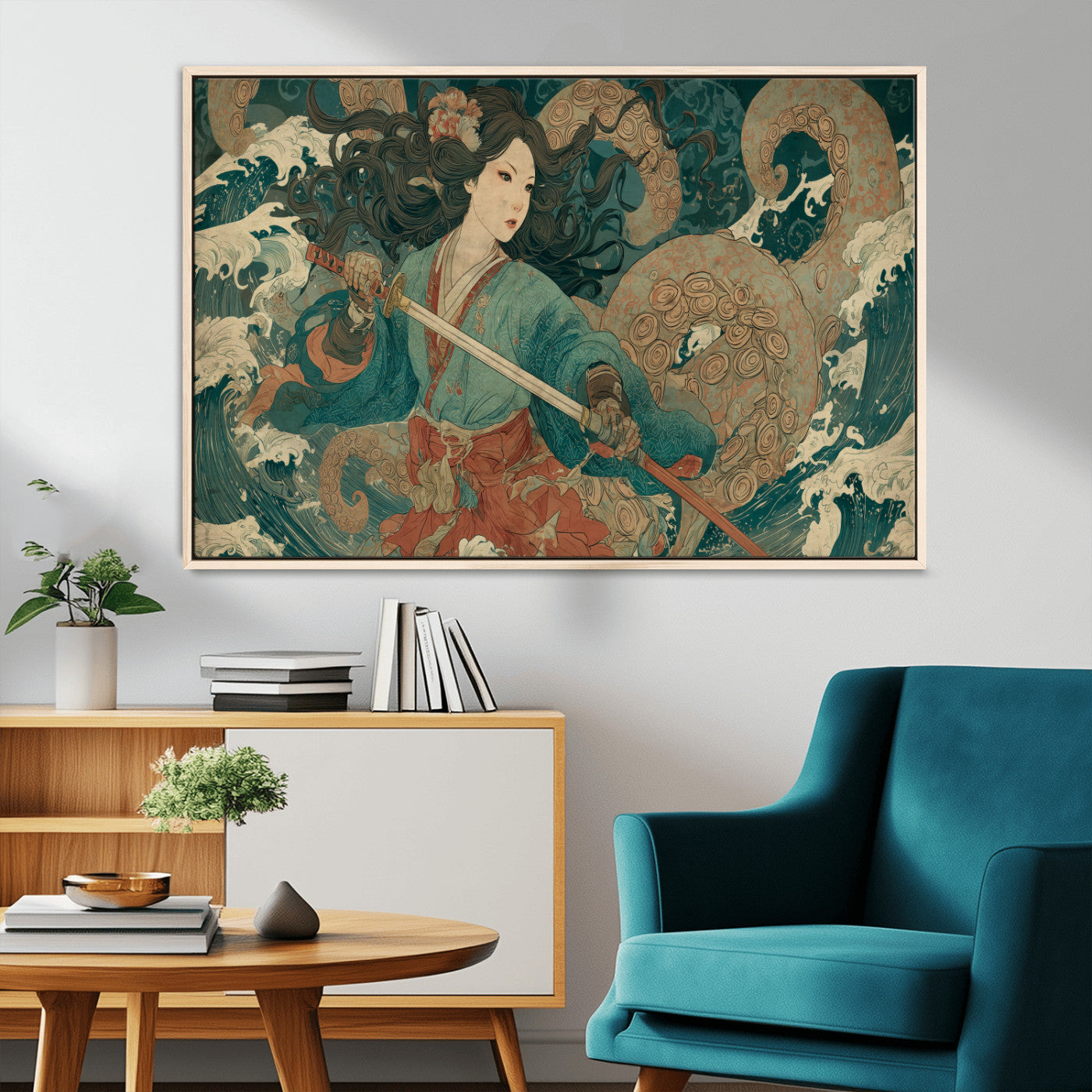 79740258-MGV-CV-36X24-Samurai Woman vs Octopus Wall Art – Japanese Ukiyo-e Blue Kimono Canvas Print, Ocean Battle Artwork for Living Room, Office, Man