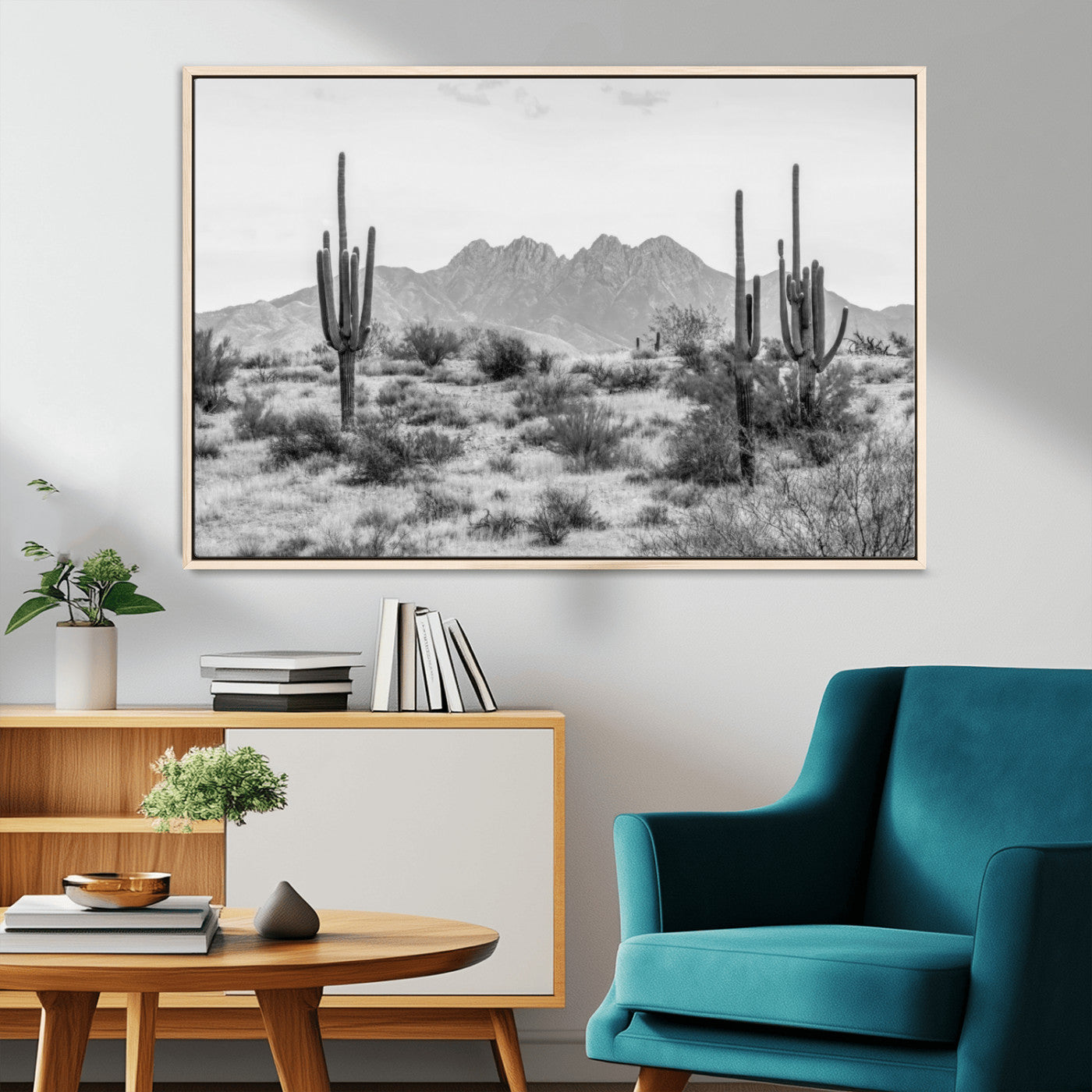 97436PHN-MGV-CV-36X24-Desert Landscape Wall Art – Black and White Cactus and Mountain Canvas Print, Southwestern Nature Photography for Living Room,