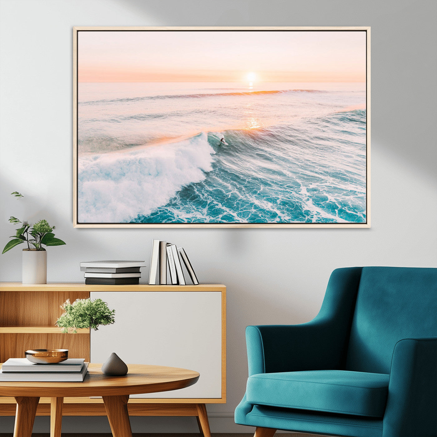 34064591-MGV-CV-36X24-Surfing Wall Art – Sunset Ocean Wave Canvas Print, Surfer Riding Sea Photography Decor for Bedroom, Living Room, Office, Coastal