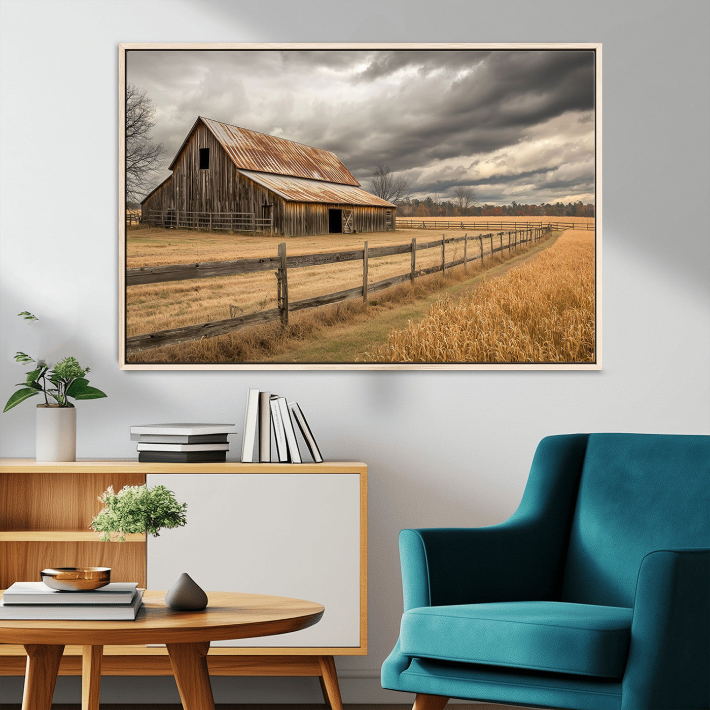 21991117-MGV-CV-36X24-Rustic Barn Wall Art – Weathered Farmhouse Canvas Print, Stormy Sky and Golden Field Photography Decor for Bedroom, Living Room,