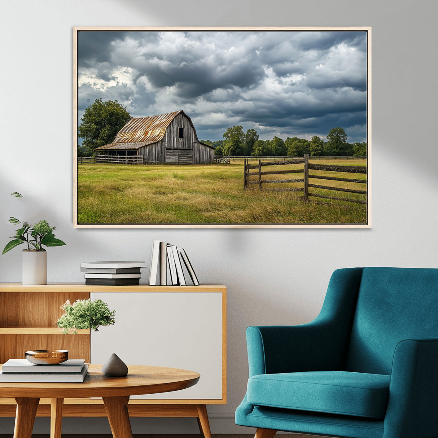 39409517-MGV-CV-36X24-Rustic Barn Wall Art – Weathered Farmhouse and Storm Clouds Canvas Print, Country Landscape Photography Decor for Bedroom, Living